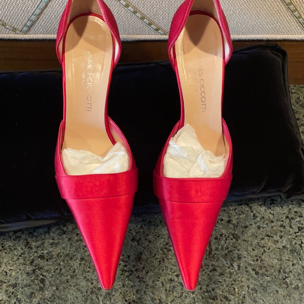 Red satin evening shoes